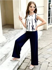 Setelan 2pcs/Set untuk Anak Perempuan Remaja, Atasan Tanpa Lengan Bergaris Biru dengan Pita dan Celana Panjang Longgar, Pakaian Liburan - Navy Blue - View 8