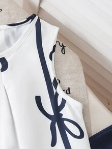 Setelan 2pcs/Set untuk Anak Perempuan Remaja, Atasan Tanpa Lengan Bergaris Biru dengan Pita dan Celana Panjang Longgar, Pakaian Liburan - Navy Blue - View 5