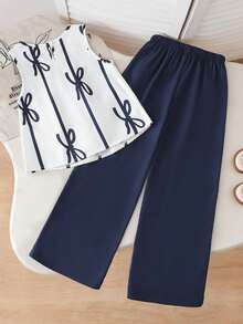 Setelan 2pcs/Set untuk Anak Perempuan Remaja, Atasan Tanpa Lengan Bergaris Biru dengan Pita dan Celana Panjang Longgar, Pakaian Liburan - Navy Blue - View 2
