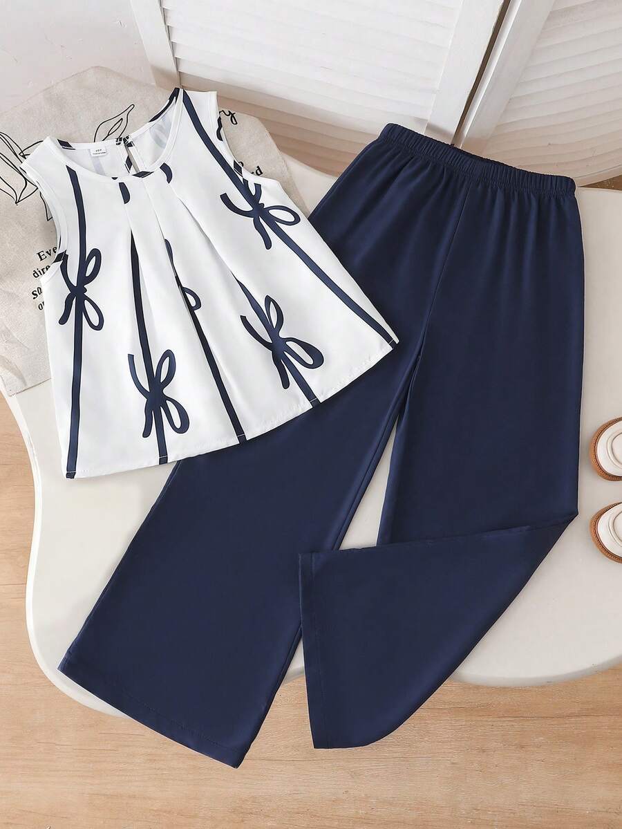 Setelan 2pcs/Set untuk Anak Perempuan Remaja, Atasan Tanpa Lengan Bergaris Biru dengan Pita dan Celana Panjang Longgar, Pakaian Liburan - Navy Blue - View 1