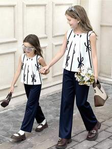 Setelan 2pcs/Set untuk Anak Perempuan Remaja, Atasan Tanpa Lengan Bergaris Biru dengan Pita dan Celana Panjang Longgar, Pakaian Liburan - Navy Blue - View 7
