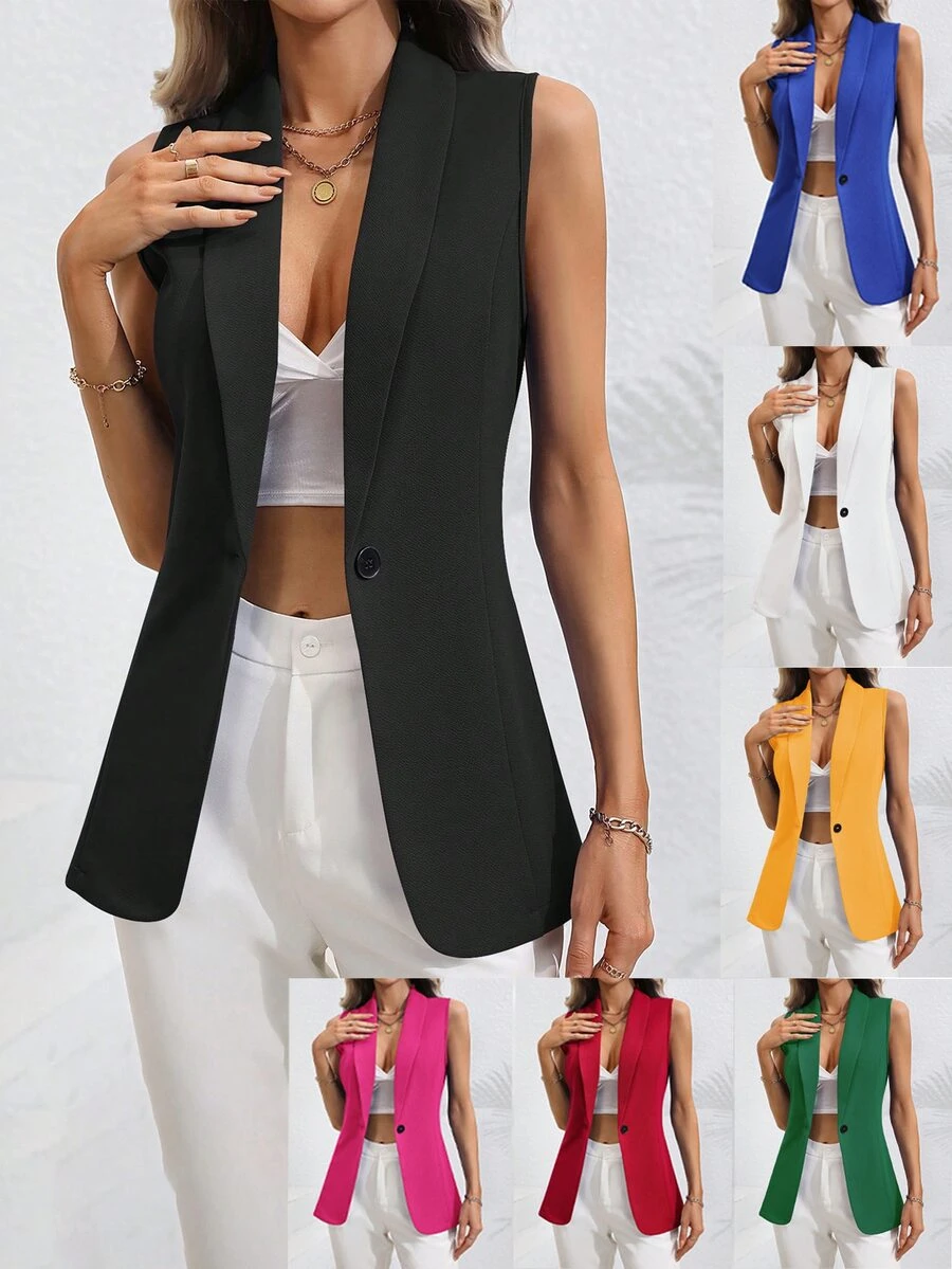 EMERY ROSE Solid Single Button Vest Blazer - Hot Pink - View 1
