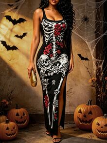 INAWLY Gaun Motif Tengkorak dengan Desain Belahan, Cocok untuk Pesta Halloween, Acara Malam di Klub Malam, Gaun Tanpa Lengan Seksi Gaya Goth Gothic Hitam dan Merah untuk Musim Panas - Hitam - View 7