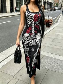 INAWLY Gaun Motif Tengkorak dengan Desain Belahan, Cocok untuk Pesta Halloween, Acara Malam di Klub Malam, Gaun Tanpa Lengan Seksi Gaya Goth Gothic Hitam dan Merah untuk Musim Panas - Hitam - View 3