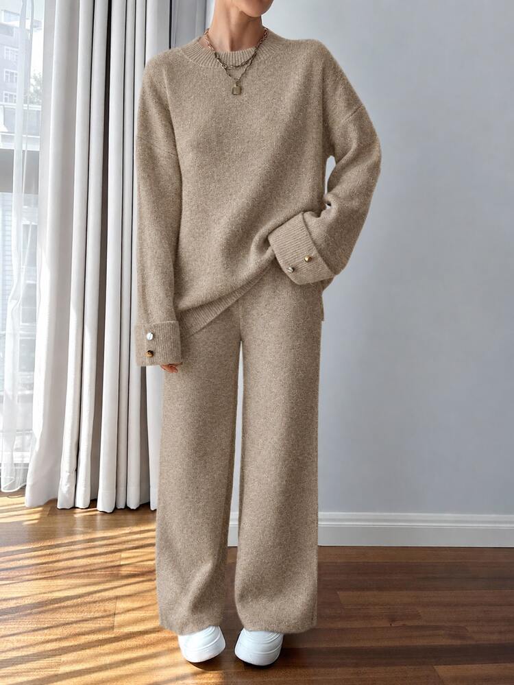 EURMUSE Women Button Detailed Sweater And Pant Set Everyday Travel Khaki Autumn Casual - Camel - View 5
