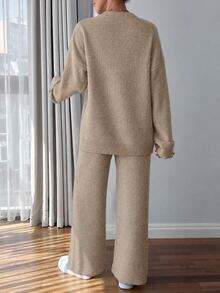 EURMUSE Women Button Detailed Sweater And Pant Set Everyday Travel Khaki Autumn Casual - Camel - View 3