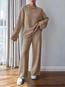 EURMUSE Women Button Detailed Sweater And Pant Set Everyday Travel Khaki Autumn Casual - Camel - View 5