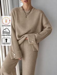 EURMUSE Women Button Detailed Sweater And Pant Set Everyday Travel Khaki Autumn Casual - Camel - View 2