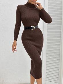 EURMUSE Turtleneck Ribbed Knit Sweater Dress,Petite Women Date Work Dark Brown Autumn Sexy - Brown - View 5
