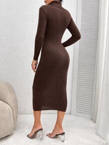 EURMUSE Turtleneck Ribbed Knit Sweater Dress,Petite Women Date Work Dark Brown Autumn Sexy - Brown - View 3