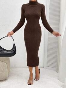 EURMUSE Turtleneck Ribbed Knit Sweater Dress,Petite Women Date Work Dark Brown Autumn Sexy - Brown - View 2