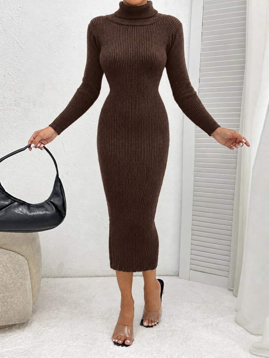 EURMUSE Turtleneck Ribbed Knit Sweater Dress,Petite Women Date Work Dark Brown Autumn Sexy