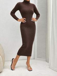 EURMUSE Turtleneck Ribbed Knit Sweater Dress,Petite Women Date Work Dark Brown Autumn Sexy - Brown - View 4