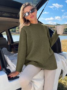 EURMUSE Women Casual Solid Color Mock Neck Sweater - Green - View 6