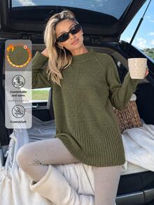 EURMUSE Women Casual Solid Color Mock Neck Sweater - Green - View 2