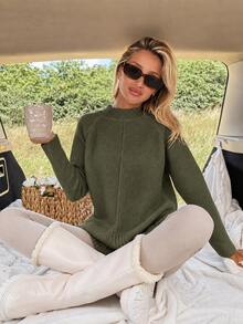 EURMUSE Women Casual Solid Color Mock Neck Sweater - Green - View 5