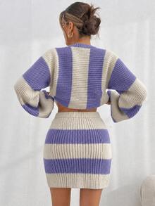 EURMUSE Women Striped Knit Design Oversize Sweater And Knit Skirt Set - Lilac Purple - View 3