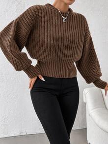 EURMUSE Women's Lantern Sleeve Drop Shoulder Sweater - Brown - View 5