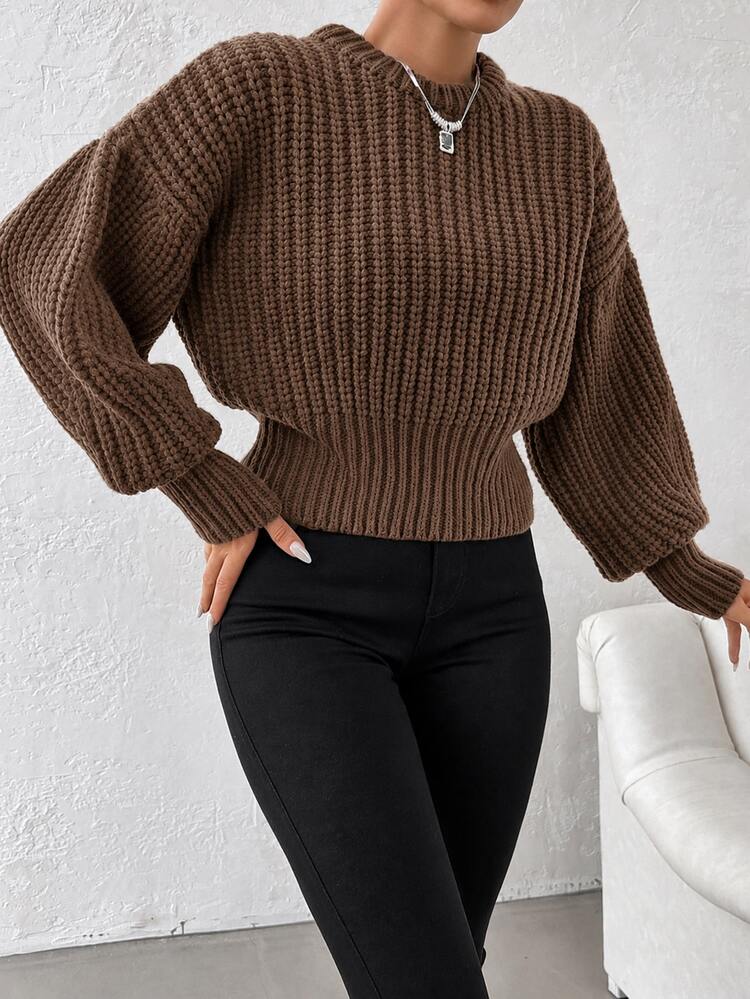 EURMUSE Women's Lantern Sleeve Drop Shoulder Sweater - Brown - View 4
