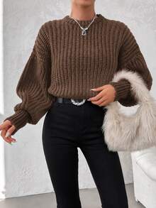 EURMUSE Women's Lantern Sleeve Drop Shoulder Sweater - Brown - View 4