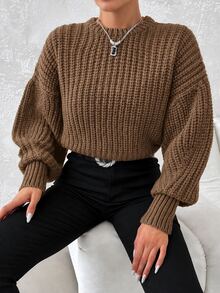 EURMUSE Women's Lantern Sleeve Drop Shoulder Sweater - Brown - View 6