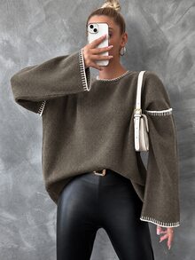 EURMUSE Women's Loose Fit Color Block Round Neck Sweater - Brown - View 4