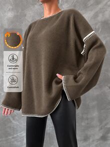 EURMUSE Women's Loose Fit Color Block Round Neck Sweater - Brown - View 1