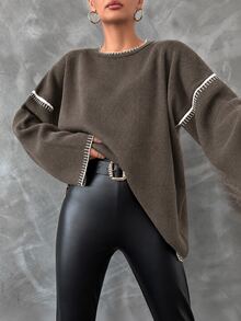 EURMUSE Women's Loose Fit Color Block Round Neck Sweater - Brown - View 5