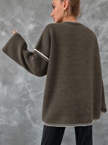 EURMUSE Women's Loose Fit Color Block Round Neck Sweater - Brown - View 2