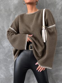 EURMUSE Women's Loose Fit Color Block Round Neck Sweater - Brown - View 3