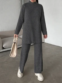 EURMUSE Women's Stand Collar Long Sleeve Sweater And Knit Pants Set - Grey - View 7