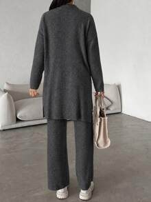 EURMUSE Women's Stand Collar Long Sleeve Sweater And Knit Pants Set - Grey - View 3