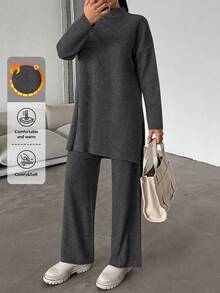 EURMUSE Women's Stand Collar Long Sleeve Sweater And Knit Pants Set - Grey - View 2