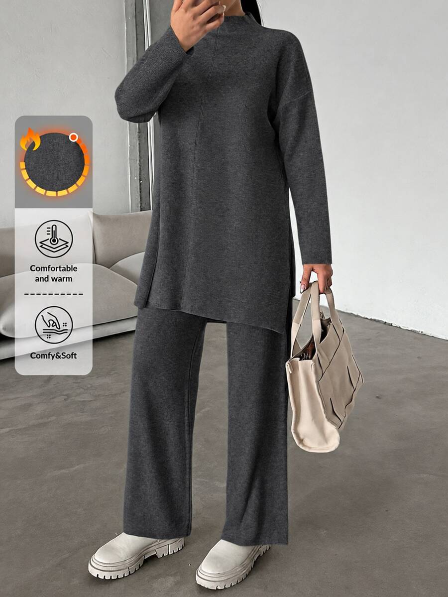 EURMUSE Women's Stand Collar Long Sleeve Sweater And Knit Pants Set