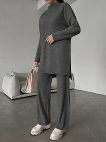 EURMUSE Women's Stand Collar Long Sleeve Sweater And Knit Pants Set - Grey - View 6