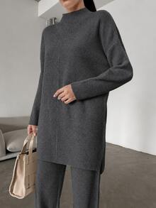 EURMUSE Women's Stand Collar Long Sleeve Sweater And Knit Pants Set - Grey - View 4