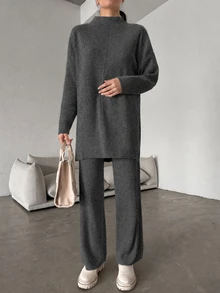 EURMUSE Women's Stand Collar Long Sleeve Sweater And Knit Pants Set - Grey - View 5