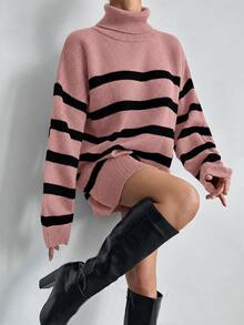 EURMUSE Women's Striped Turtleneck Drop Shoulder Long Sleeve Sweater - Dusty Pink - View 6