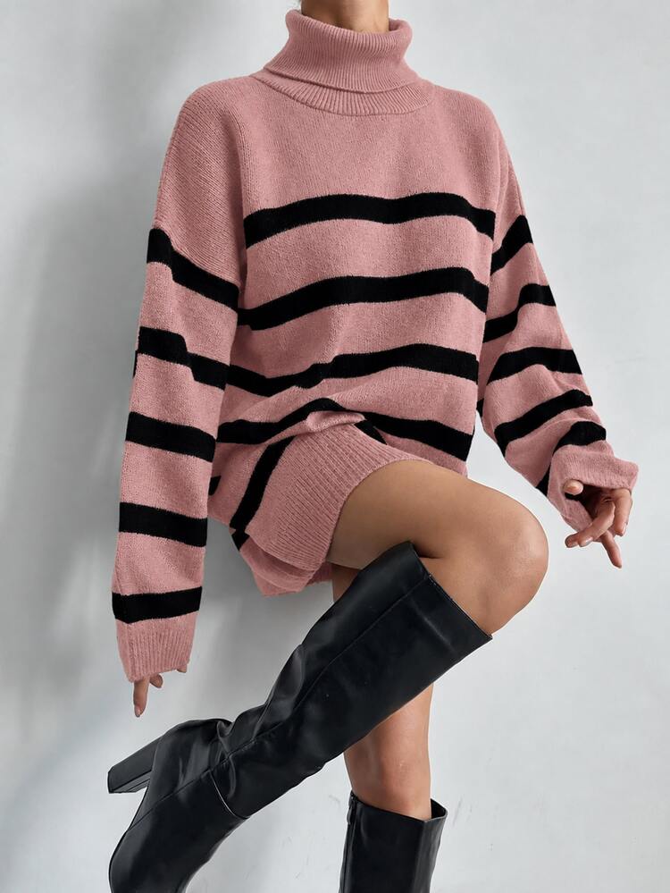 EURMUSE Women's Striped Turtleneck Drop Shoulder Long Sleeve Sweater - Dusty Pink - View 5