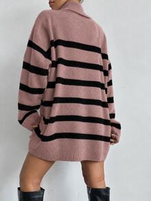 EURMUSE Women's Striped Turtleneck Drop Shoulder Long Sleeve Sweater - Dusty Pink - View 3