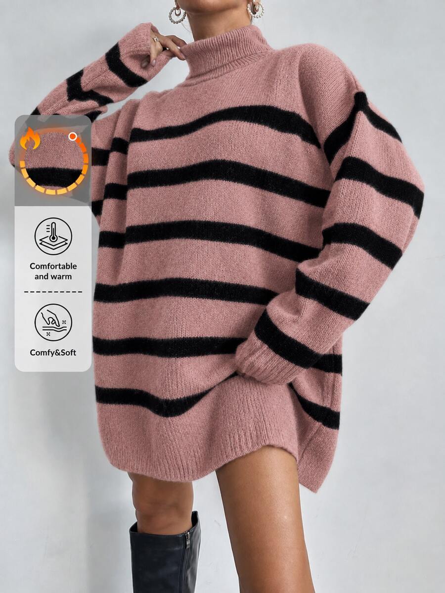 EURMUSE Women's Striped Turtleneck Drop Shoulder Long Sleeve Sweater