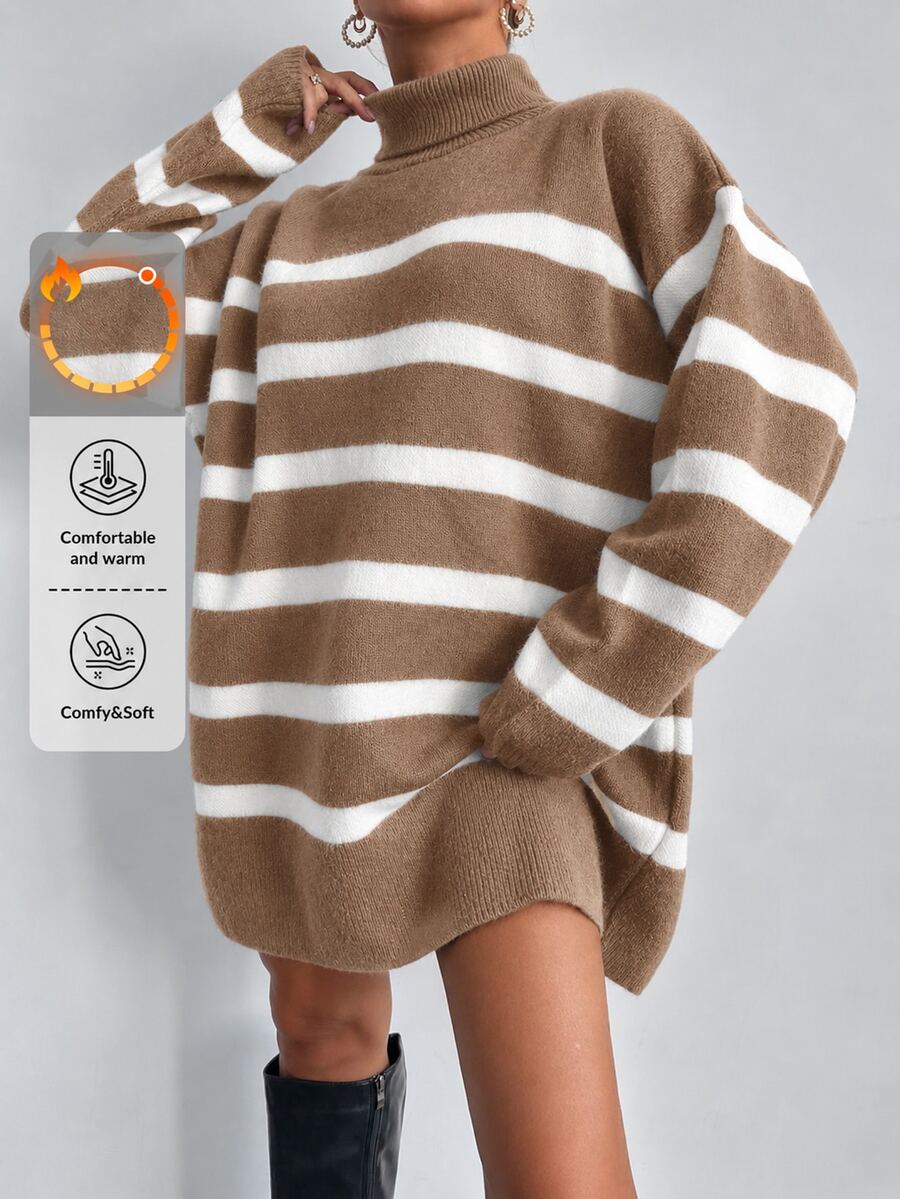 EURMUSE High Neck Striped Sweater Without Belt