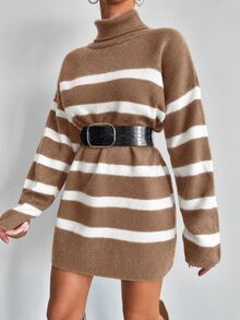 EURMUSE High Neck Striped Sweater Without Belt - Brown - View 6
