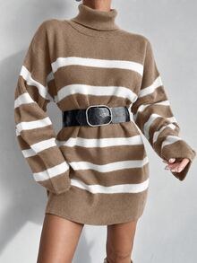 EURMUSE High Neck Striped Sweater Without Belt - Brown - View 5