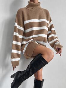 EURMUSE High Neck Striped Sweater Without Belt - Brown - View 4