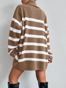 EURMUSE High Neck Striped Sweater Without Belt - Brown - View 3
