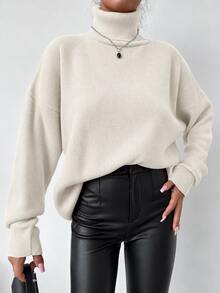 EURMUSE High Collar Drop Shoulder Loose Sweater - White - View 5
