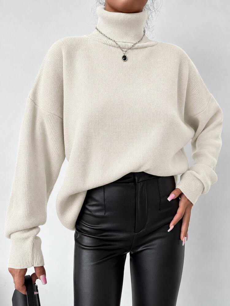EURMUSE High Collar Drop Shoulder Loose Sweater - White - View 4