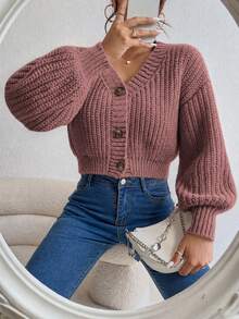 EURMUSE Casual French Solid Color Cropped Cardigan, Fall/ Brunch Dusty Pink - Dusty Pink - View 5