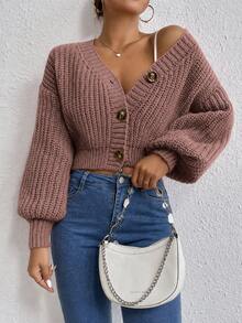 EURMUSE Casual French Solid Color Cropped Cardigan, Fall/ Brunch Dusty Pink - Dusty Pink - View 2